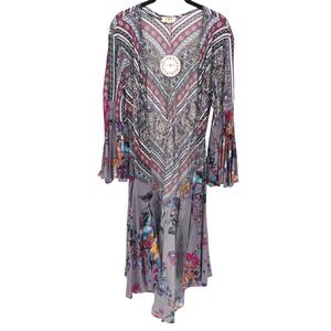Umgee Kimono Women Small Purple Floral Bell Sleeve Midi Ruffle Longline Boho NWT